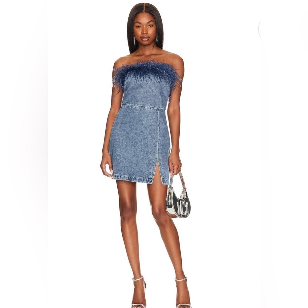AMANDA UPRICHARD***Blue Denim Off-Shoulder Dress w/Feathers***Sm. $485